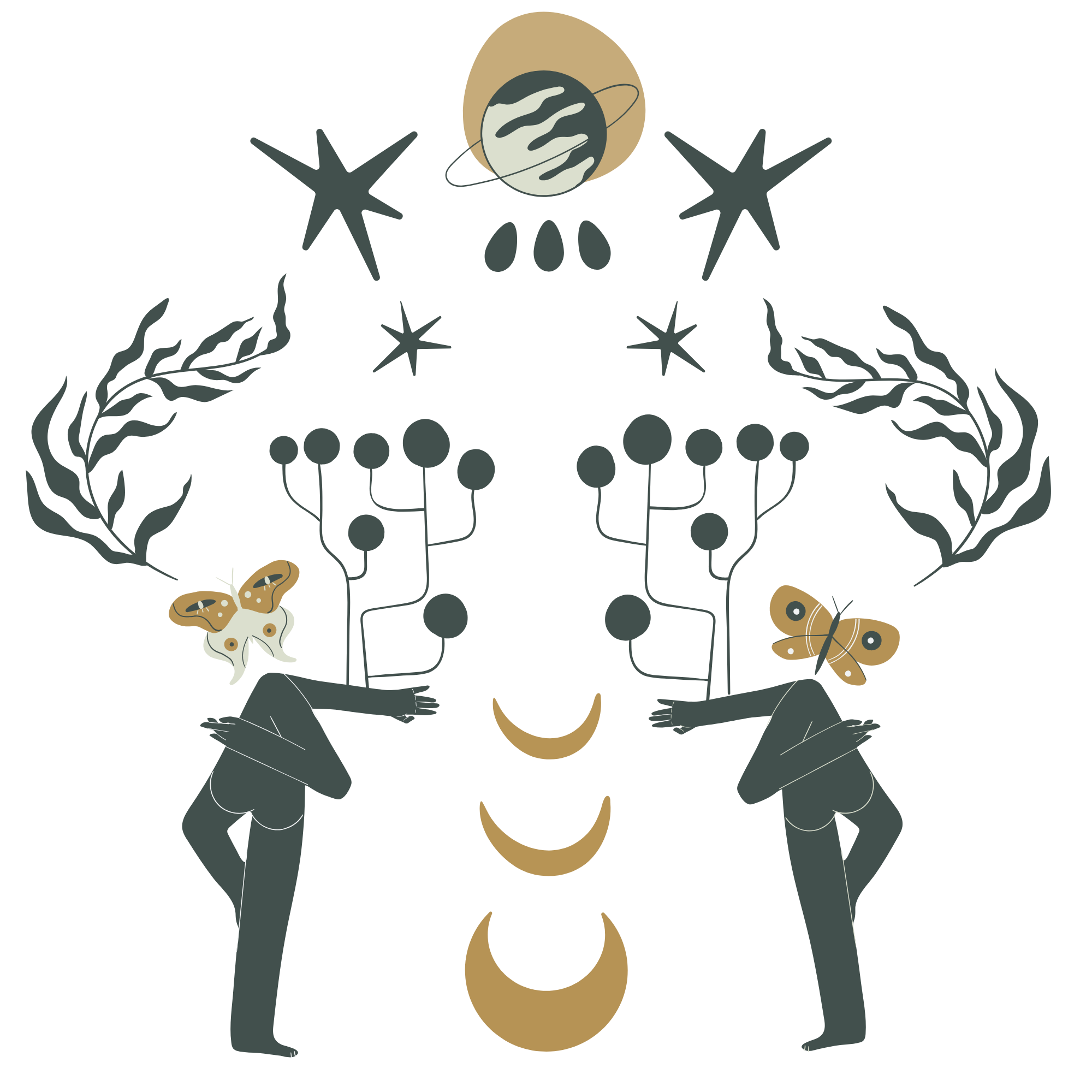 Stylized illustration of two humans with butterfly masks holding tree branches, with celestial symbols like stars, planets, and moon phases above.