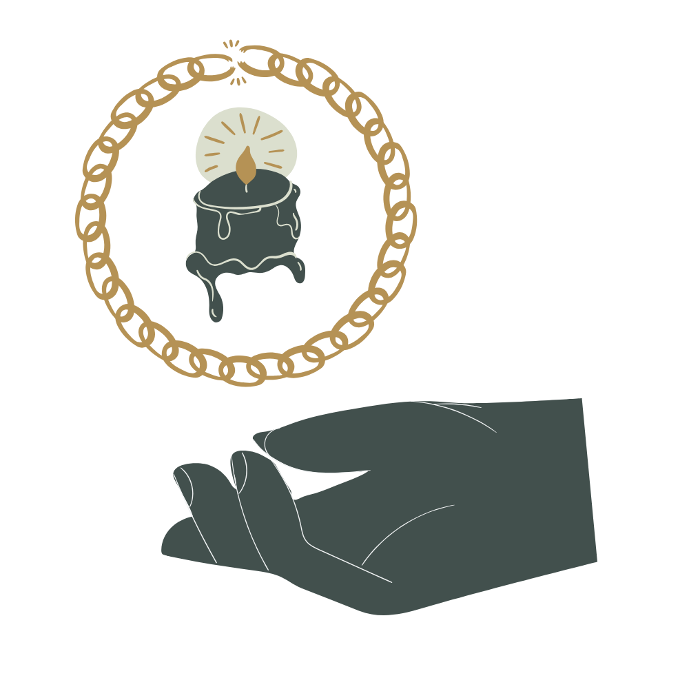 A hand holding a candle surrounded by a chain in the background.