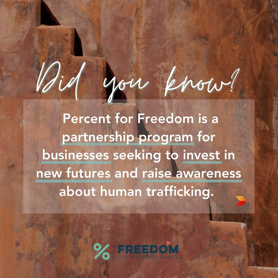 Percent for Freedom is a Set Free Movement partnership program for businesses that allows you to leverage your business for good.

Here are some ways your business can partner with us:
&bull; Donating a percentage of your profits to SFM
&bull; Raisin