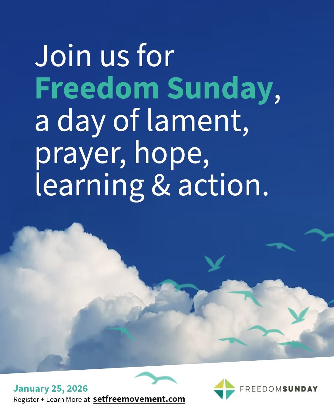 Worship, lament, pray, learn, and give in the direction of freedom. It's not too late to register and participate (Actually - you can observe Freedom Sunday any Sunday of the year).