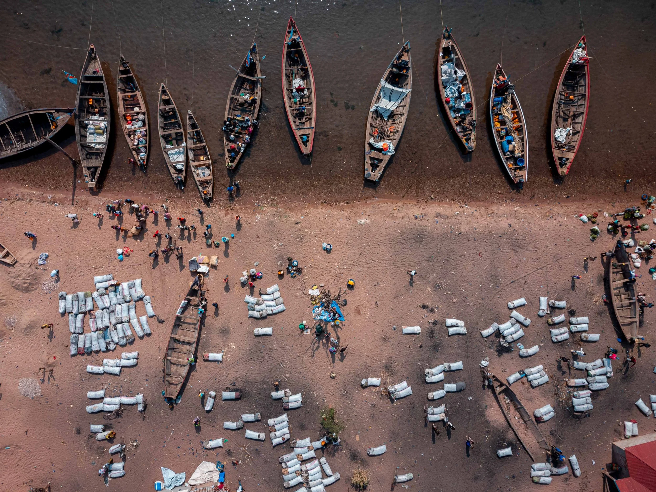 Aerial view of Kamukolobondo beach, Kalemie, Tanganyika, DRC. 