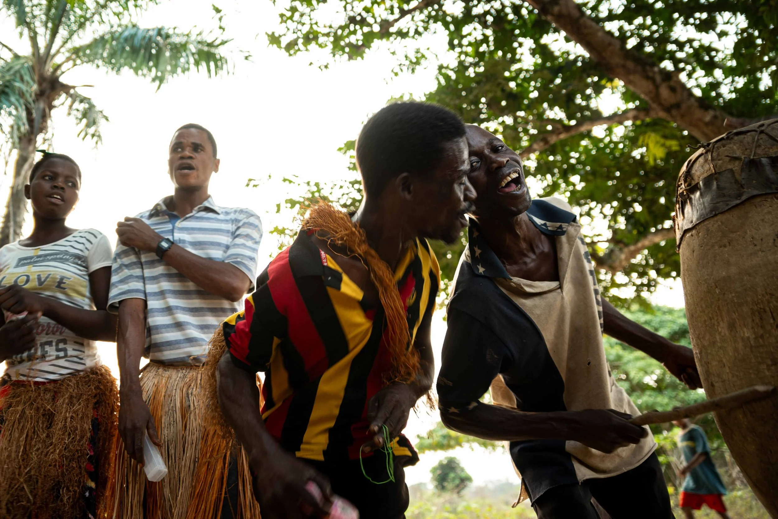 Singers and dancers perform during a traditional dance ceremony organized for tourists, Mai-Ndombe, Democratic Republic of Congo, August 2025.
