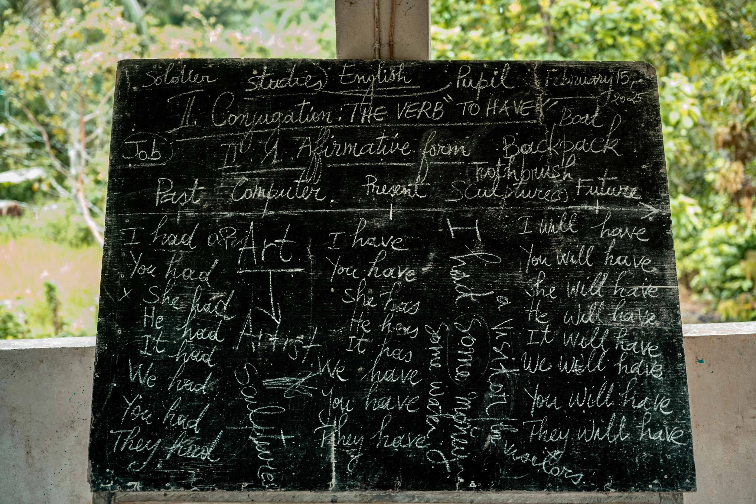 A chalkboard at the Luyalu training center, where artists and young people from the community are trained in various disciplines. Lusanga, Democratic Republic of the Congo, February 2025.