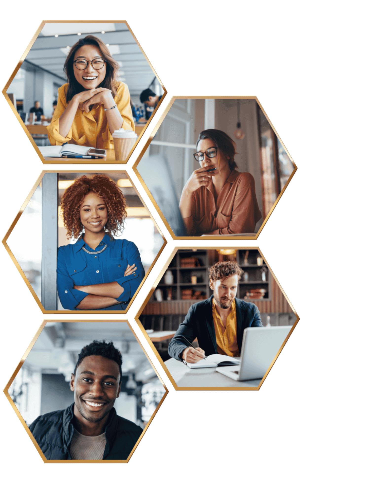 Five hexagons grouped together that show various people working