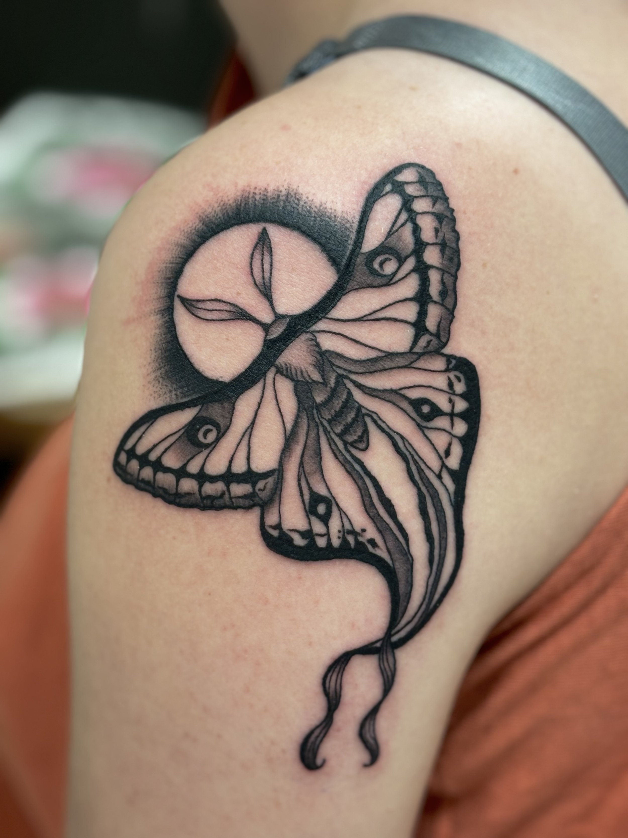 Detailed black moth tattoo on upper arm