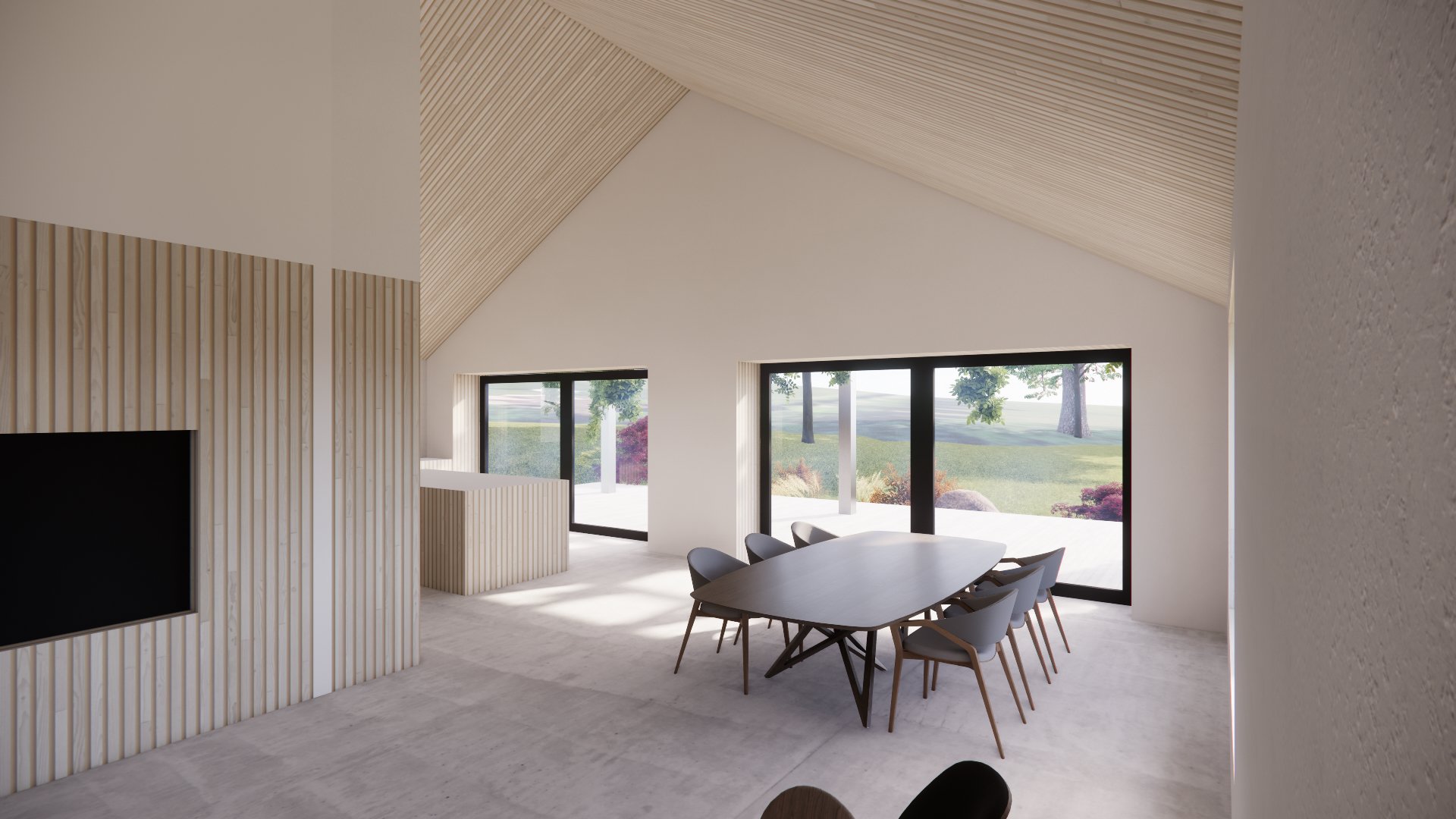 A generous kitchen is housed beneath the pitched soffit towards the south elevation