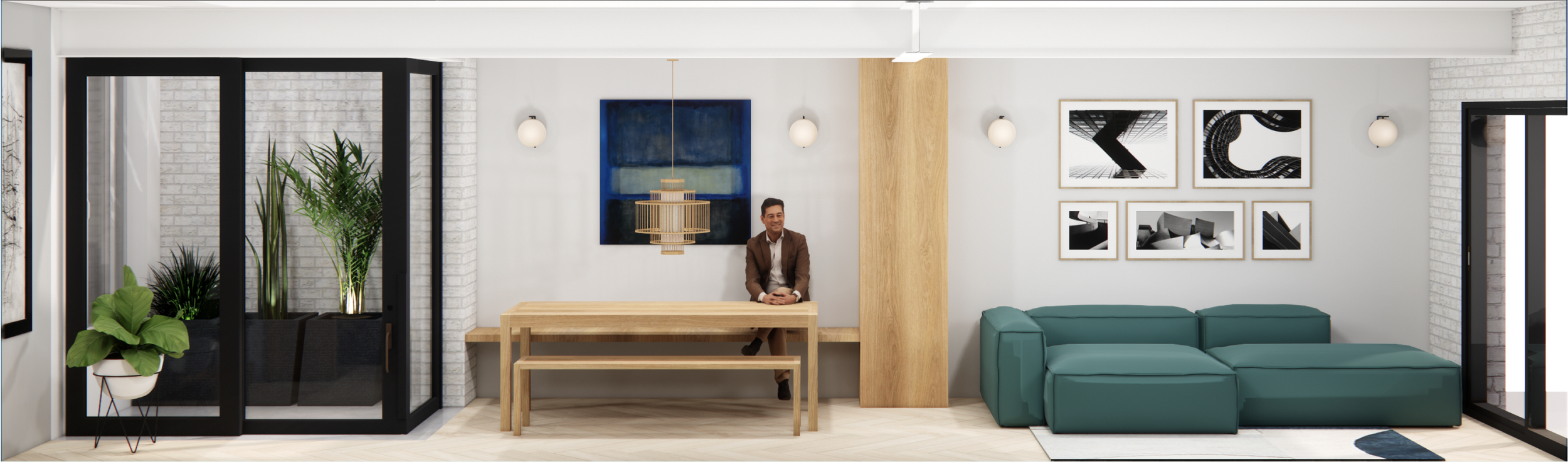 Long section showing a cosy lounge area, elegant dining space, and a serene internal courtyard.