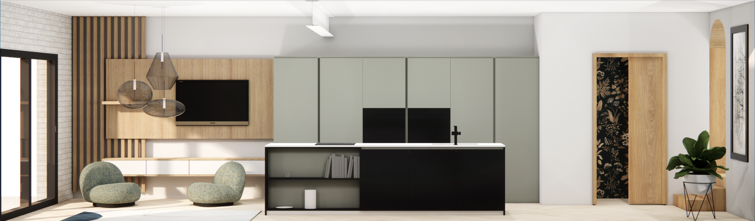 Long section showing a contemporary open-plan kitchen and living area.