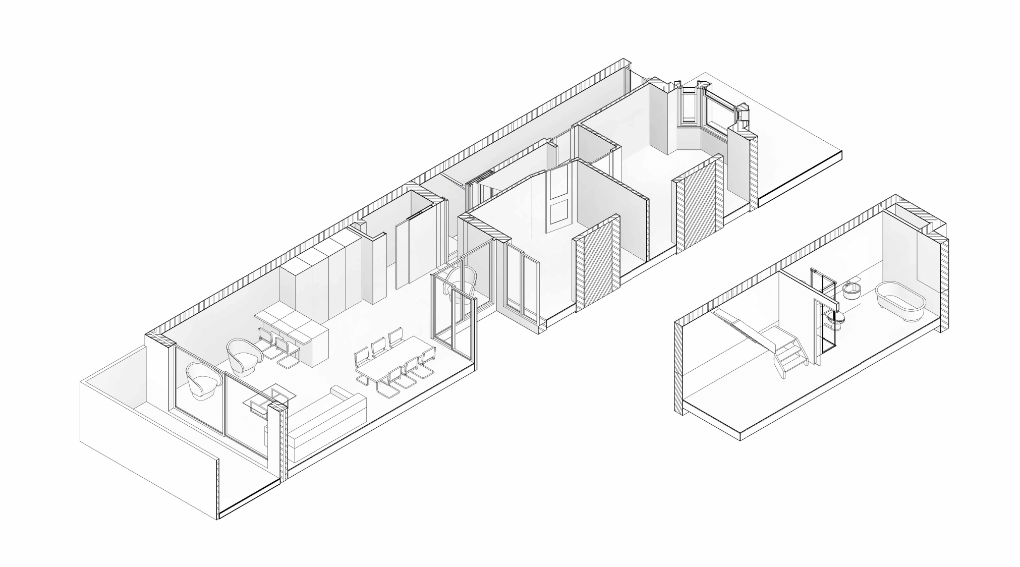 Axonometric drawing of the ground floor and basement spaces