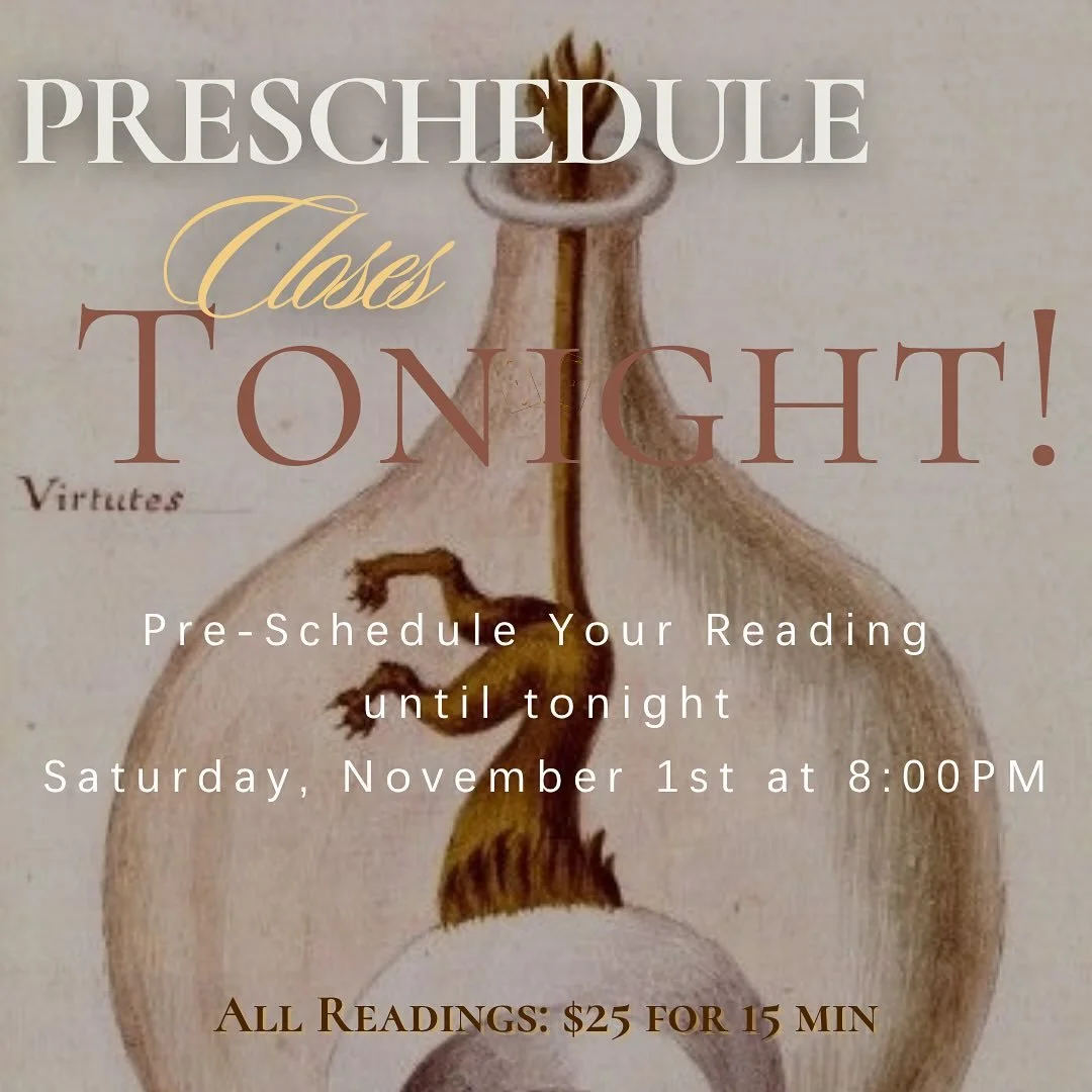 ⏳PRESCHEDULE CLOSES TONIGHT!⏳

Readings begin at 12:00 PM

✨Each reading is 15 minutes for $25 ✨

You CAN schedule back to back readings! 🎉

The LAST reading time slot is at 5:45 PM ⚡️

GUARANTEE YOUR SPOT! BOOK YOUR READING NOW!

Click the Pre-Sche
