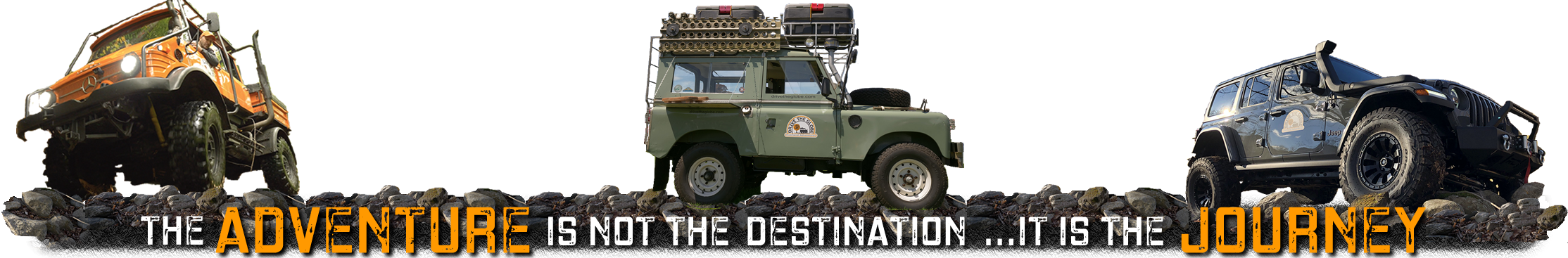 Three off-road vehicles on rocky terrain with the quote, 'The adventure is not the destination... it is the journey' displayed below.