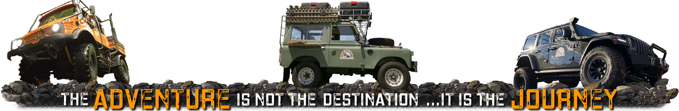 Three off-road vehicles on rocky terrain with the text 'The adventure is not the destination...it is the journey' layered over the image.