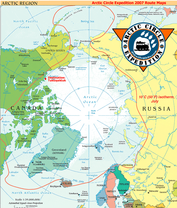 Map of the Arctic region showing the Arctic Circle expedition route in 2007, including destinations like Tuktoyuktuk, and marked landmarks such as Iceland, Greenland, and parts of Russia, with temperature note of 10°C (50°F) in July.