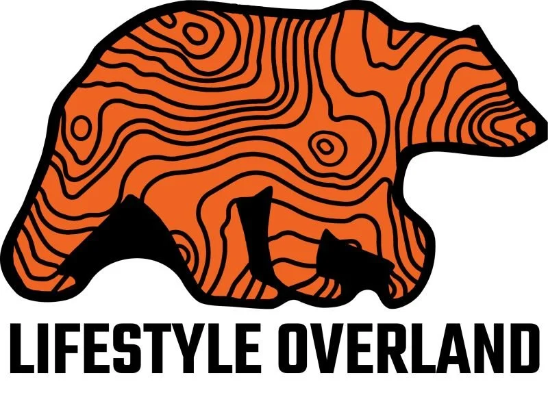 Cartoon bear silhouette filled with orange wood grain pattern and black outline, with 'LIFESTYLE OVERLAND' text below.