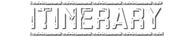 Text reading 'ITINERARY' in bold, distressed font with a black background.