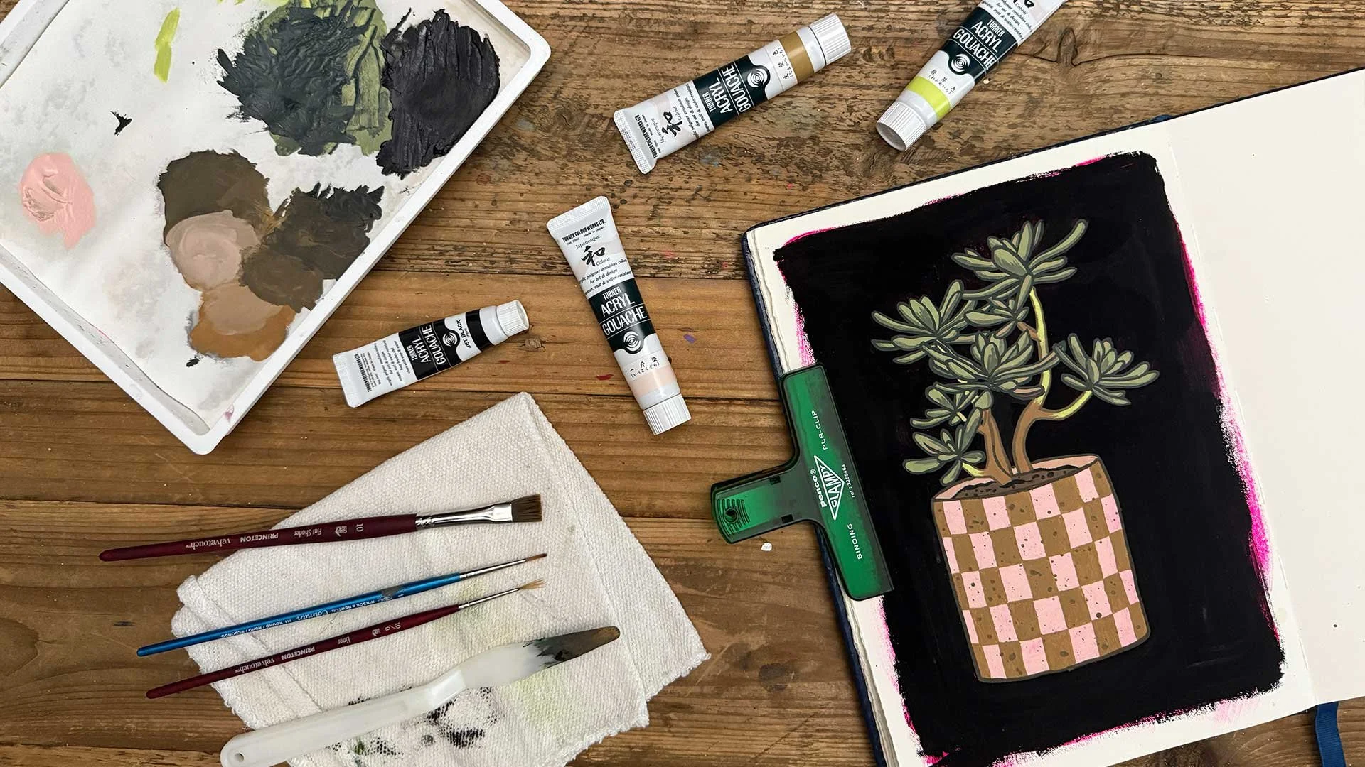 How I painted a succulent in a checkered pot with Turner Acryla Gouache on a fluorescent pink base