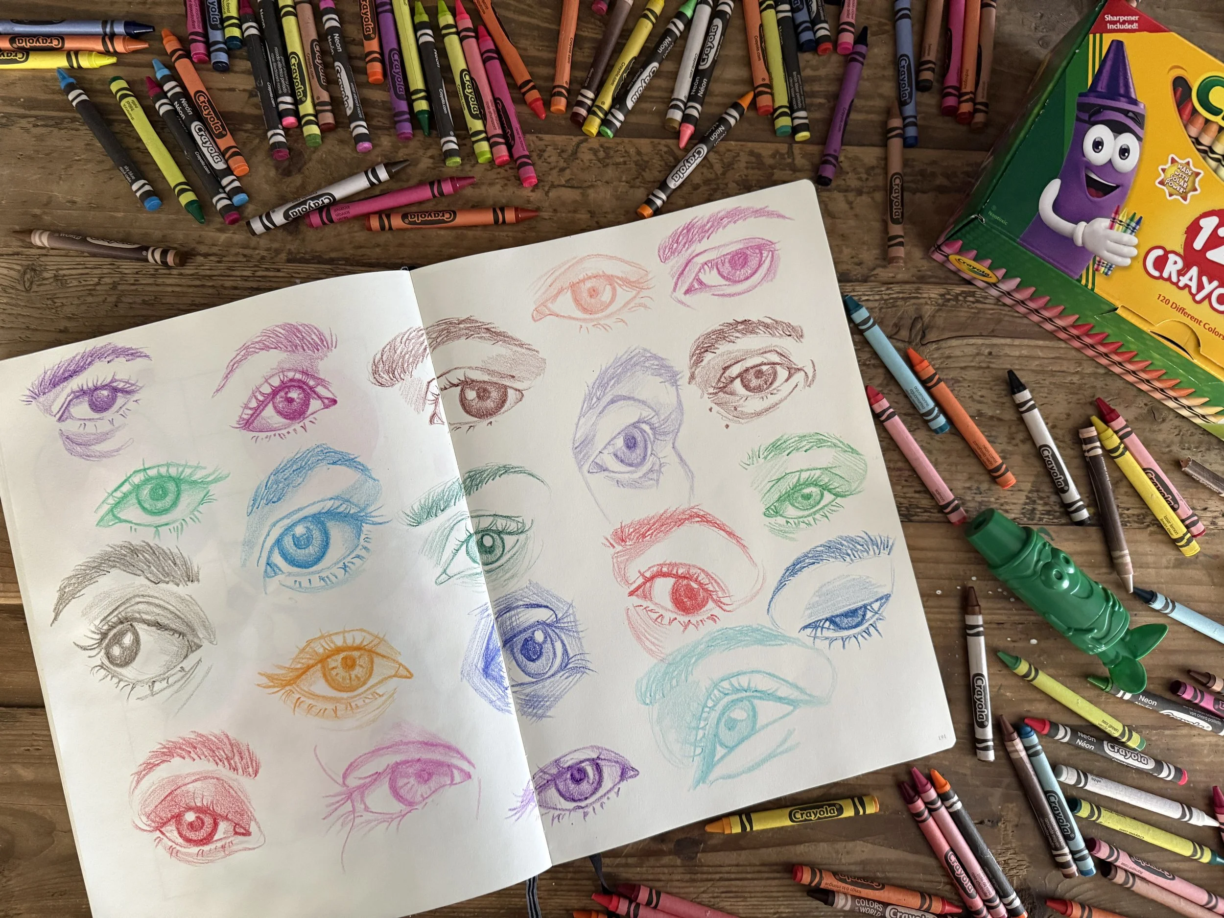 A sketchbook spread of eyes drawn with crayola crayons laid out on top of a desk