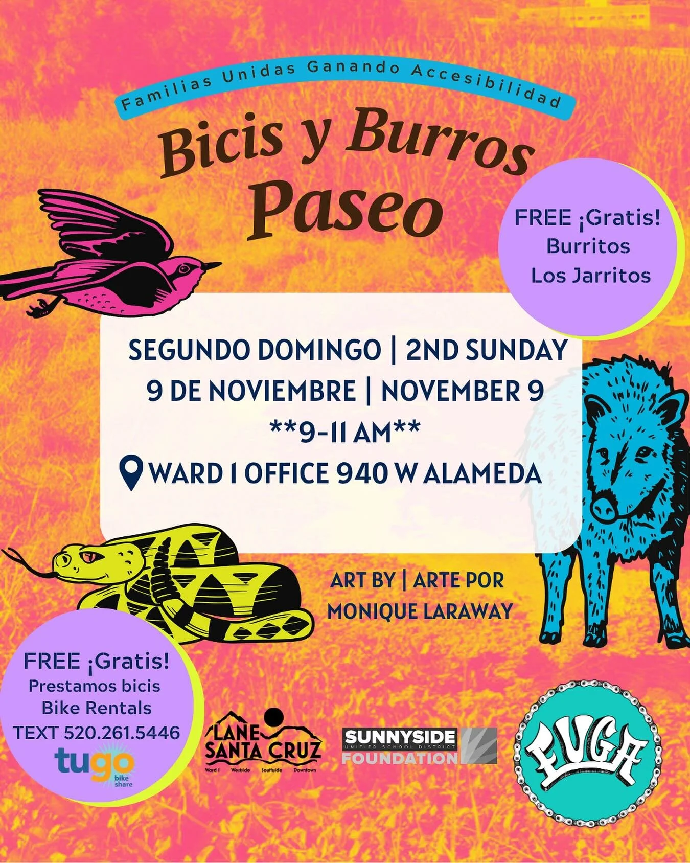 *Time change**Cambio de hora*
Segundo domingo | Second Sunday
🚲Bicis y Burros🌯
9 de noviembre 2025 | November 9th 
9-11 AM

📍Oficina de Ward 1
940 W Alameda

📱Reserva una bicicleta gratis | Reserve a free TUGO Bike 🚲
520-261-5446 Texto/llame | C