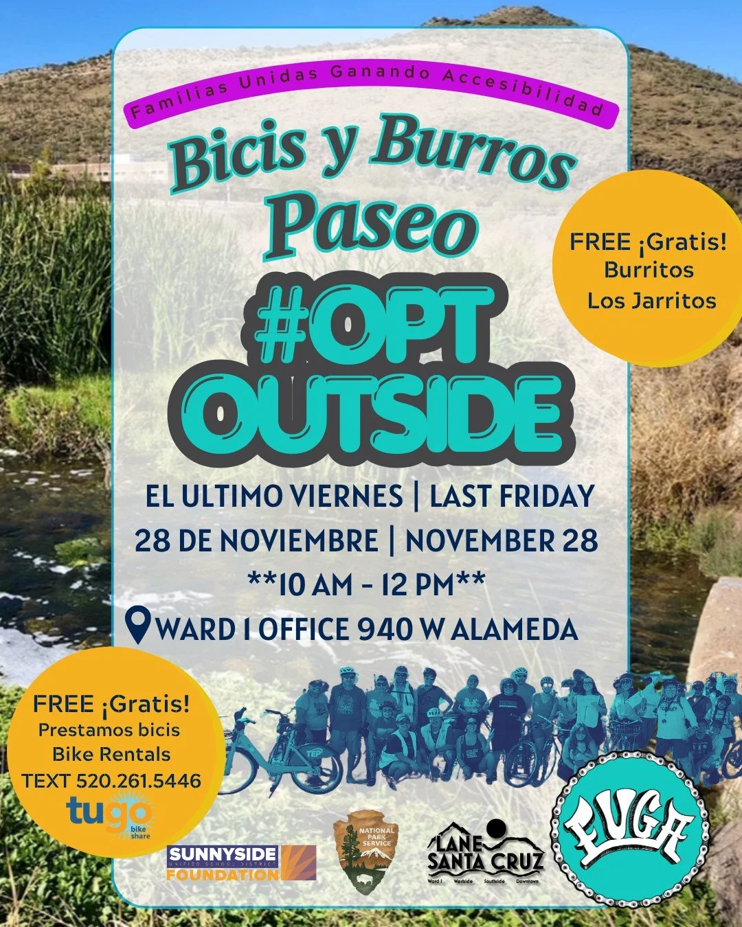 🌵🚲Opt Outside Ride🚲🌵
Deja las compras despu&eacute;s "Thanksgiving" y tome su bicicleta y acompa&ntilde;enos!
Escape Black Friday, Opt Outside!

Viernes 28 de noviembre | Friday November 28th
10 AM - 12 PM
📍Oficina de Ward 1
940 W Alam