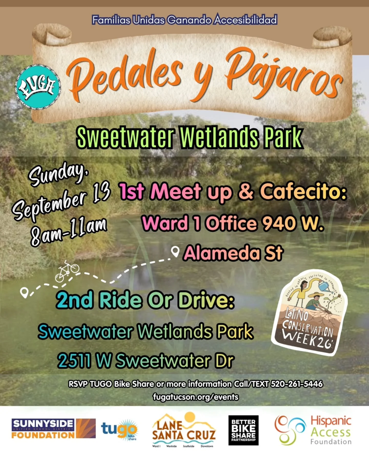 LATINO CONSERVATION WEEK 2026 🏞️
Pedales y P&aacute;jaros - Sweetwater Wetlands Park 

🐦 Join us for a free outdoor event celebrating our Westside wetlands. Learn about birds &amp; build community over burritos! 🌯 

🗓️ Sunday, September 13th, 202