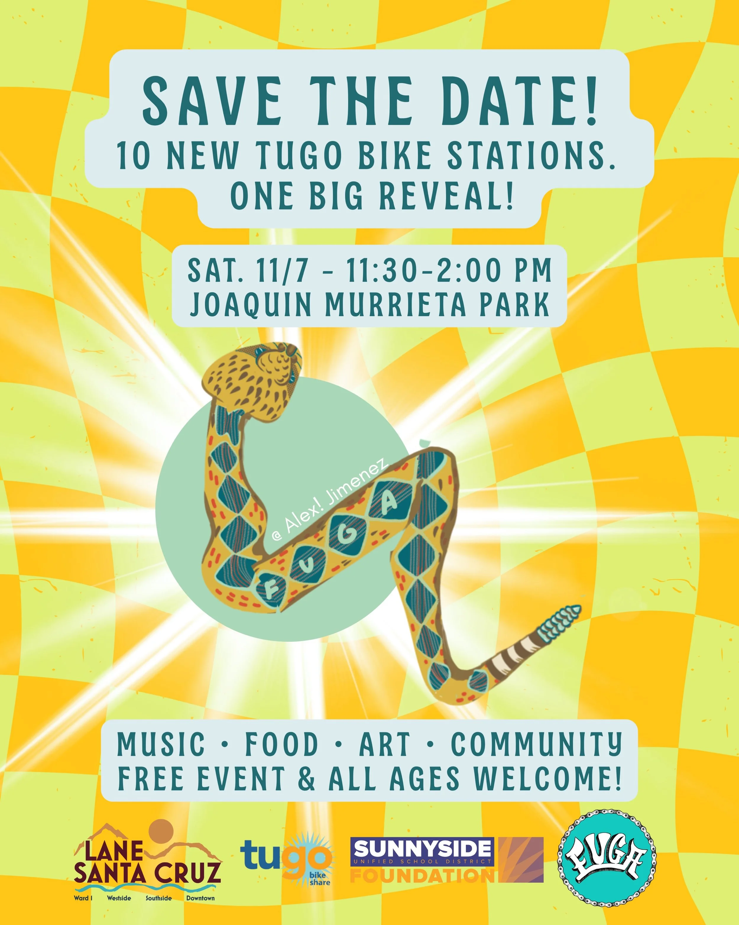 SAVE THE DATE!

10 NEW STATIONS. ONE BIG REVEAL!

New art. New connections. More reasons to ride!

Join FUGA and our community partners as we celebrate the unveiling of 10 new TUGO bike stations, featuring original artwork by our very own Fugista @ab