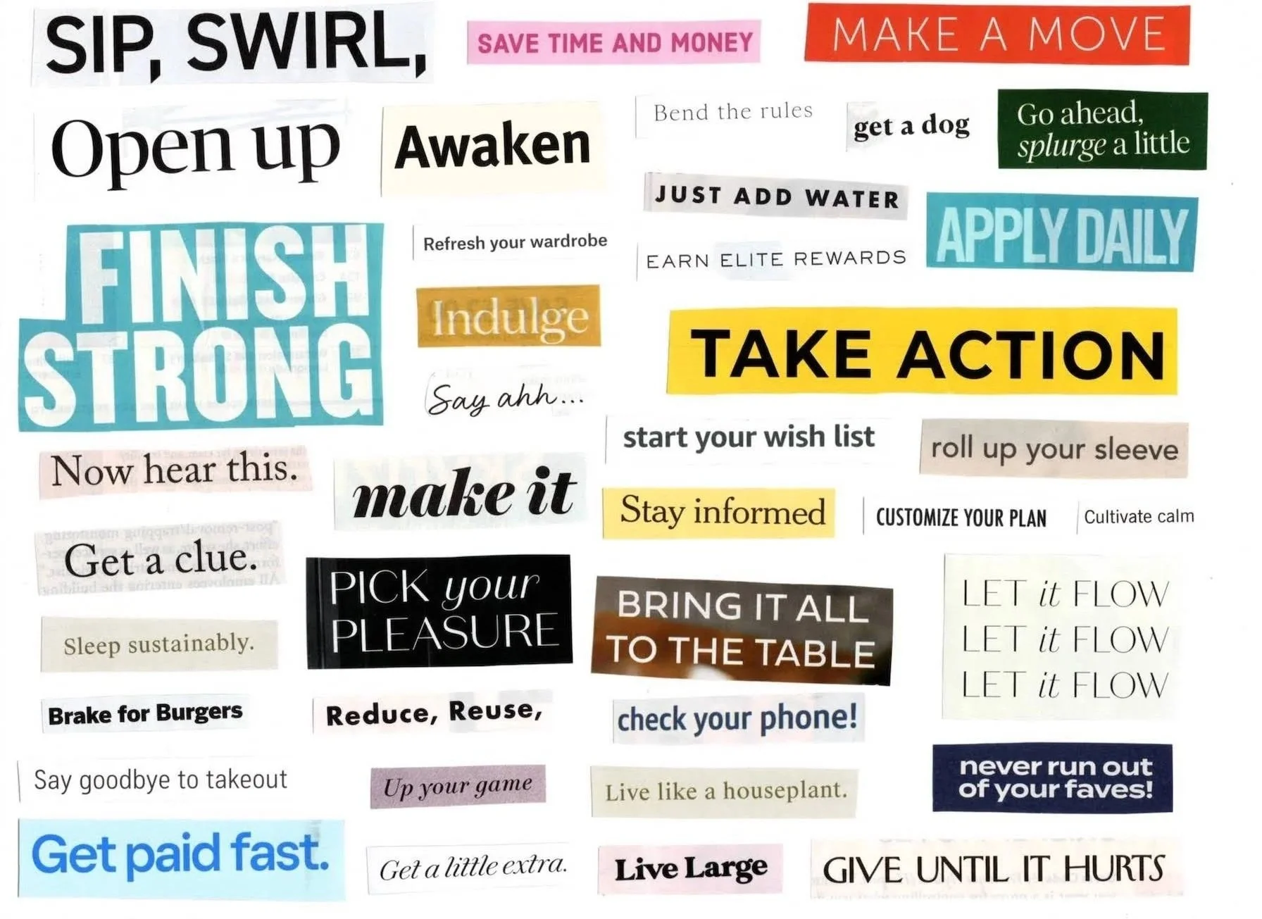 Dozens of ad clippings laid out in a rough grid. Text includes "Save time and money," "Roll up your sleeve," and "Go ahead, splurge a little"