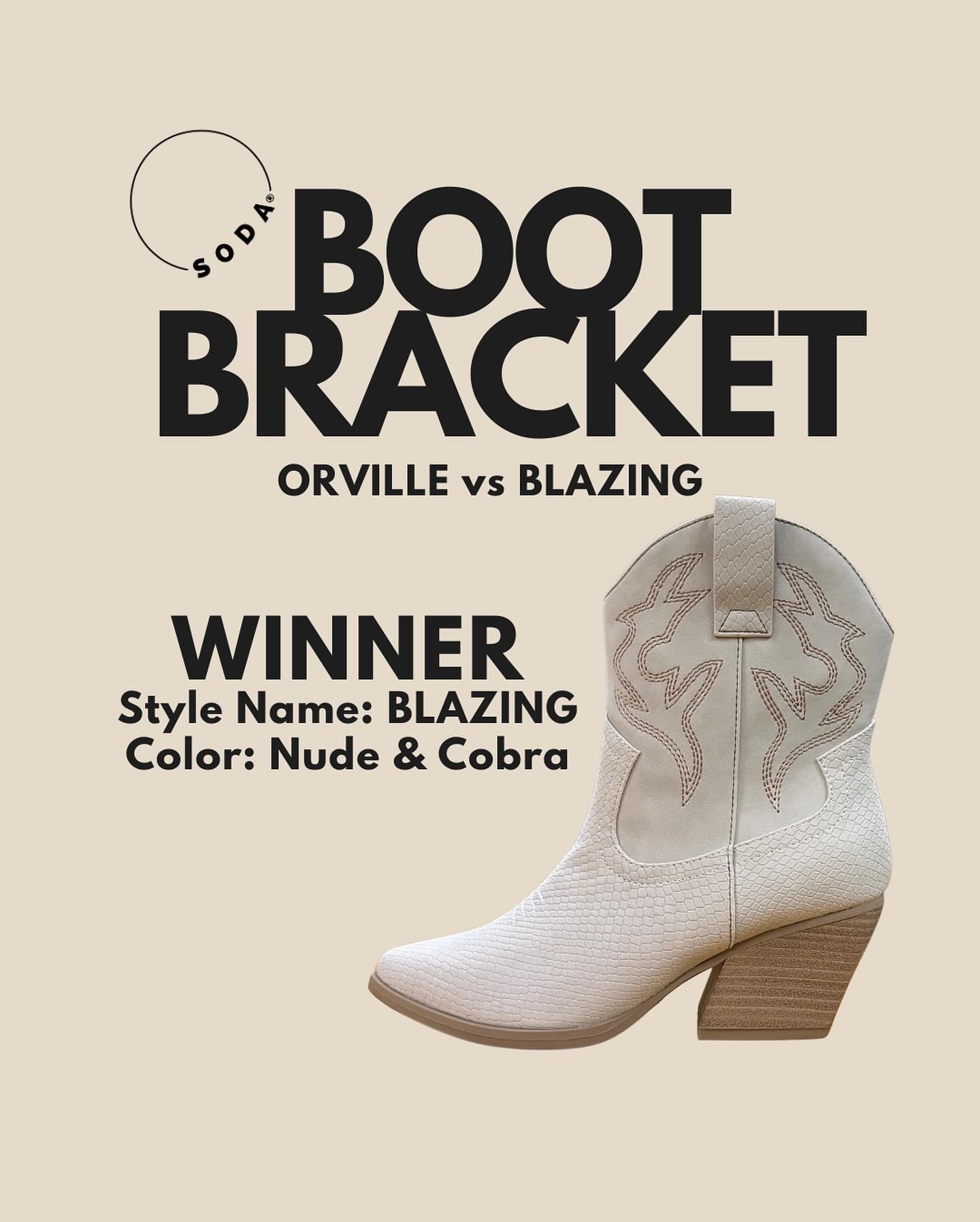 And the western Boot Bracket winner is&hellip; Nude &amp; Cobra Blazing!!! Thank to everyone who voted in our IG stories this week. Be sure to watch our stories for new styles, try ons, and fun polls! 👠

Did your boot win?!

#sodashoes #westernboots