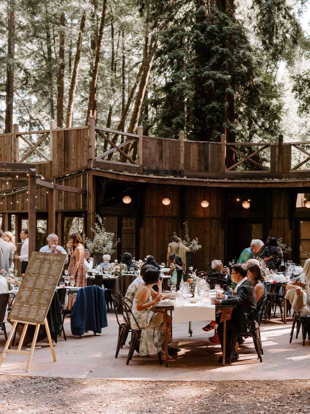 Event pavilion with people enjoying reception under lights and trees, The Brambles, in Philo, California