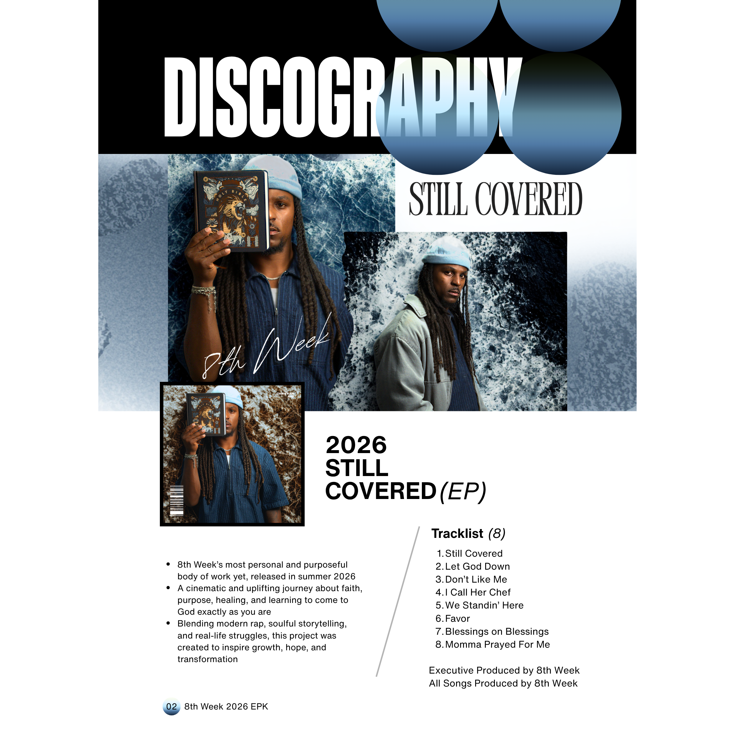 Cover page of an EP titled '8th Week 2026', featuring 8th Week holding a bible with an lion illustration on the cover. The background includes icy blue themes with snow and ice textures.