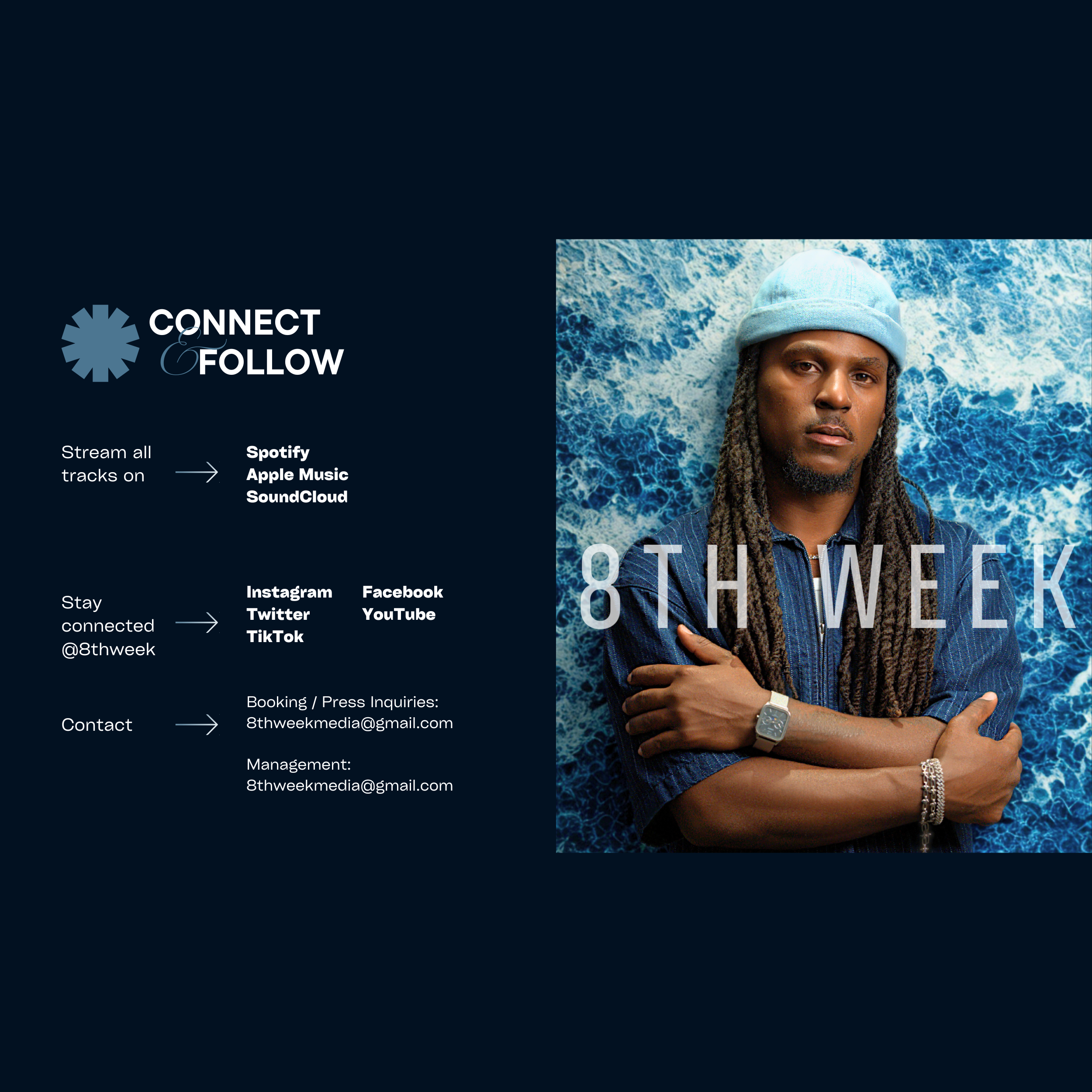 Digital promotional graphic for 8th Week Media featuring a male model with dreadlocks wearing a beanie and a dark jacket. The background has a blue icy or water splash pattern. The graphic promotes streaming music on platforms like Spotify, Apple Music, and SoundCloud, and encourages staying connected via social media and contact details for booking or press inquiries.