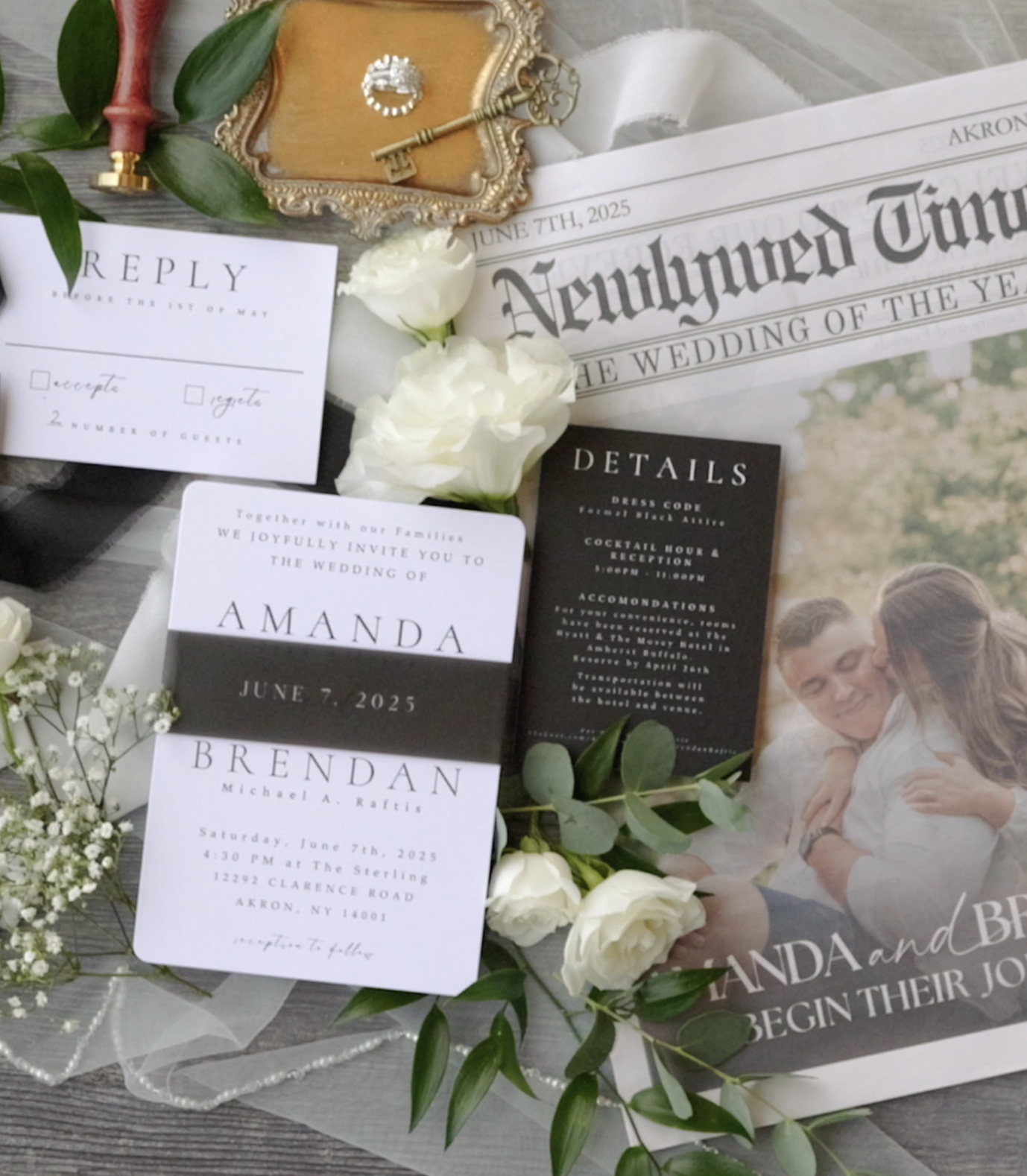 Wedding Flat Lay capture by Nick and Ashley Farrell - wedding videographers, Auburn NY