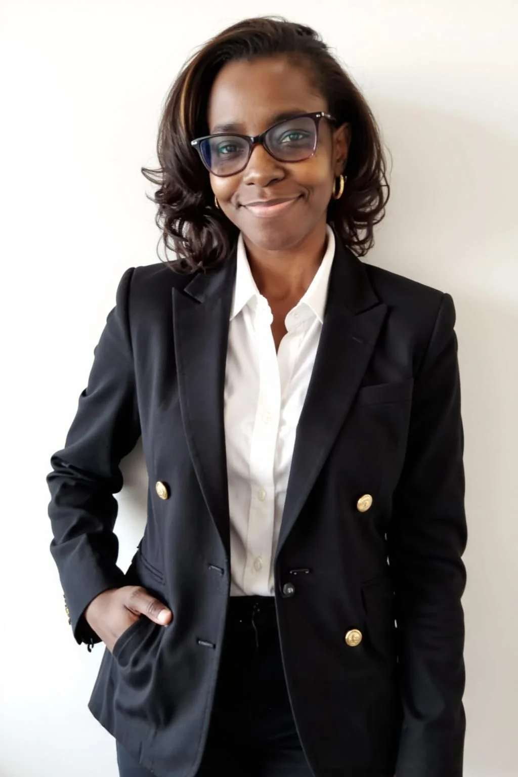 A woman wearing a black blazer, white shirt, black pants, and glasses, standing against a plain white background.