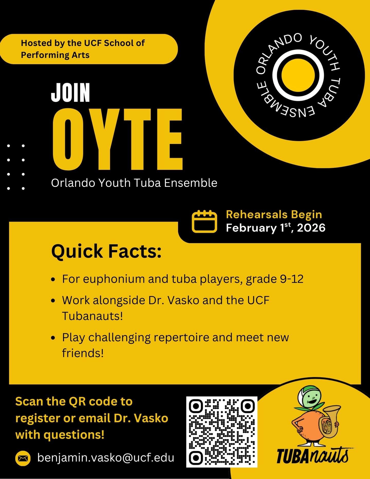📣📣📣ATTENTION CENTRAL
FLORIDA TUBA AND EUPHONIUM PLAYERS GRADE 9-12! Orlando Youth Tuba Ensemble is beginning its third season! Scan the QR code or DM us for more info about this awesome opportunity! 

#tuba #euphonium #gkco #celebratethearts #lowb