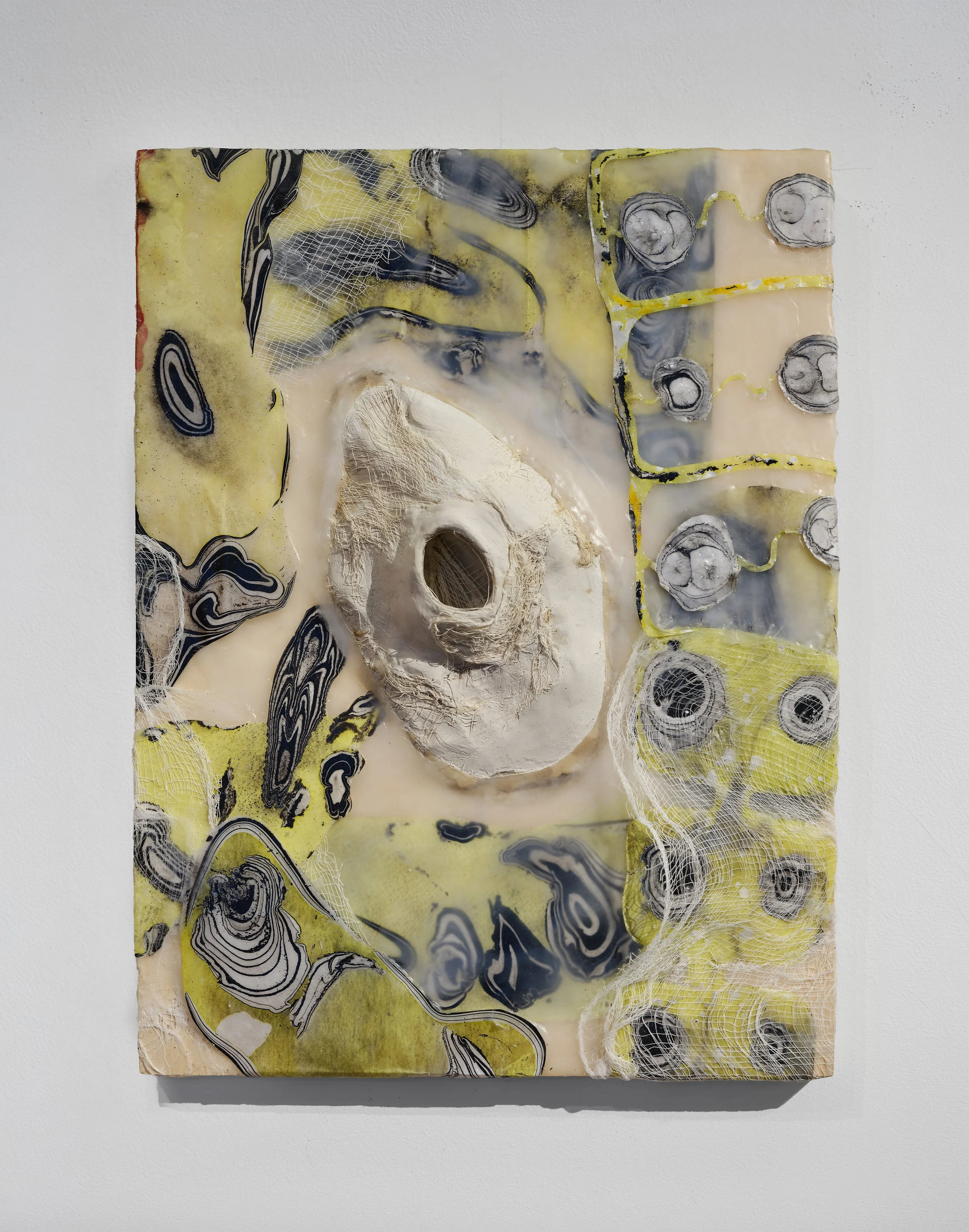 Open Weave No.4, 2024-2026, Gauze, marbled paper, wax, unfired clay on wood panel, 16 x 12 x 3 in