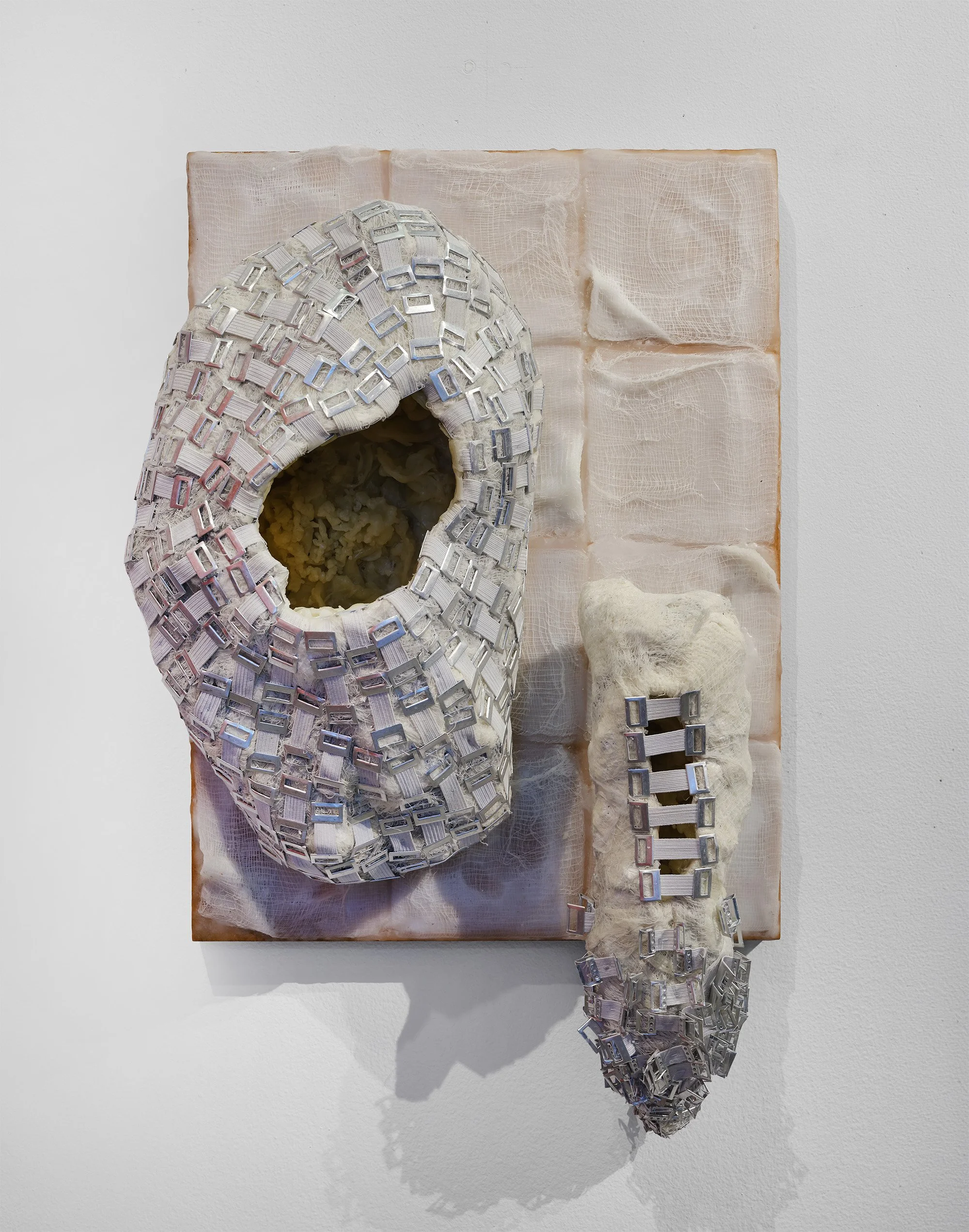 Open Weave No.6, 2026, Gauze, wax, plaster, bandage clips on wood panel, 20 x 16 x 6 in