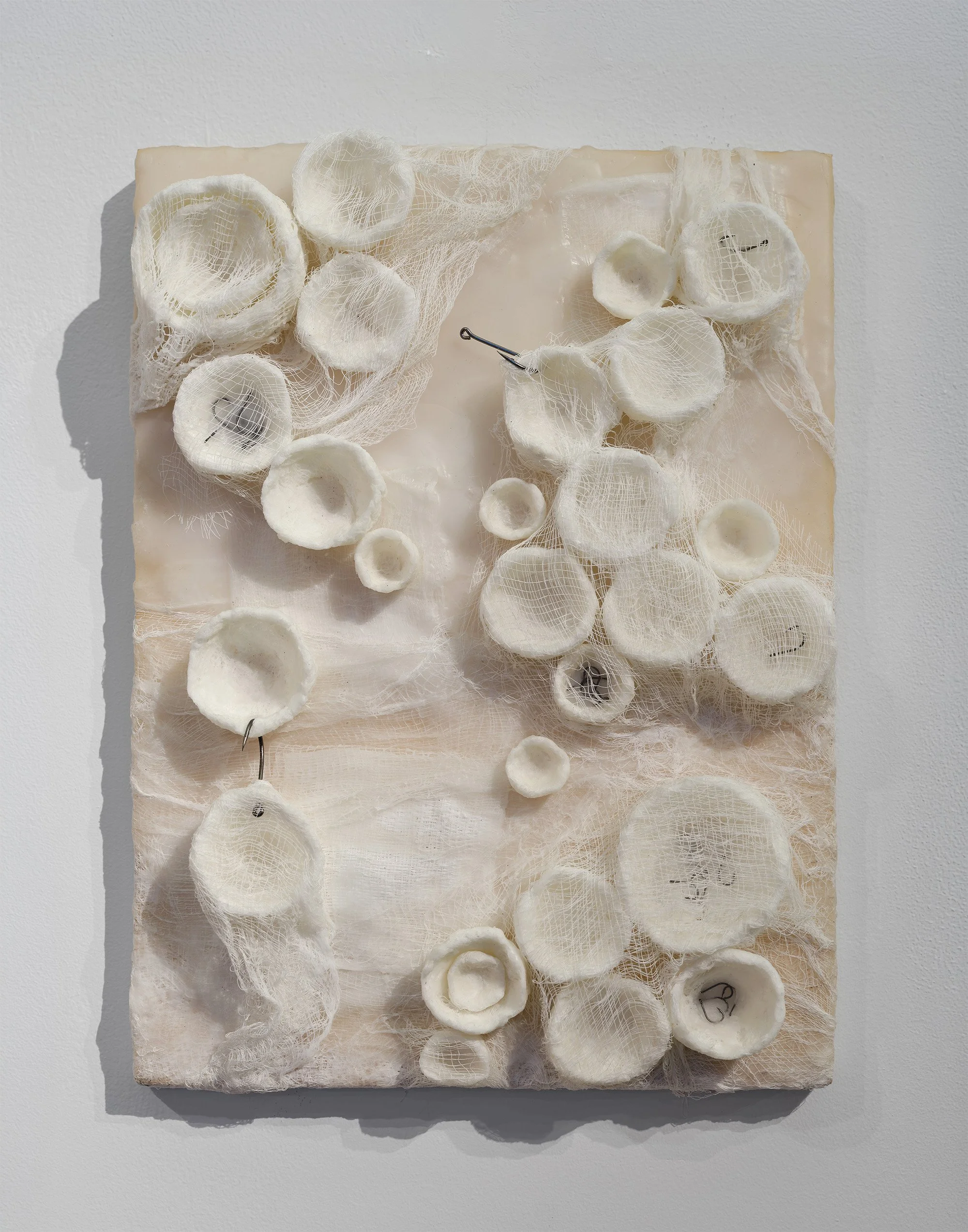 Open Weave No.2, 2024, Gauze, fishing hooks, wax on wood panel, 16 x 12 x 3 in