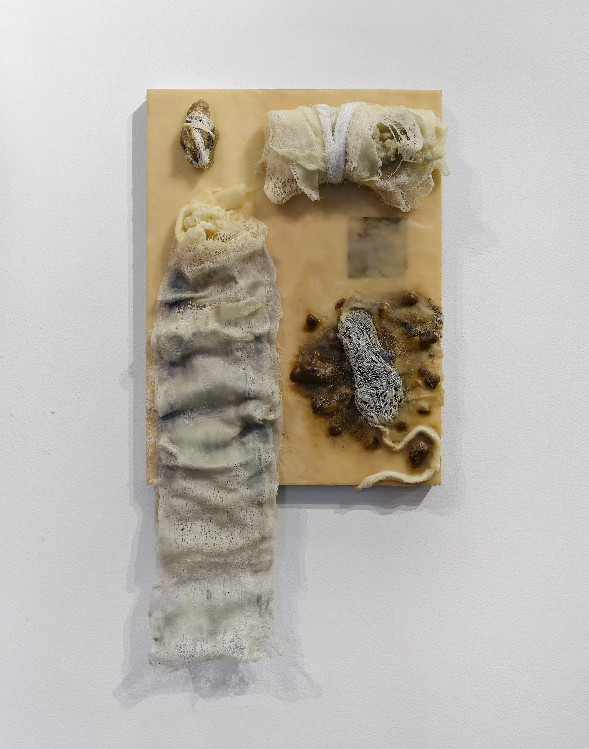 Open Weave No.3, 2024, Gauze, sand, photograph of the artist's mother, wax on wood panel, 24 x 12 x 3,5
