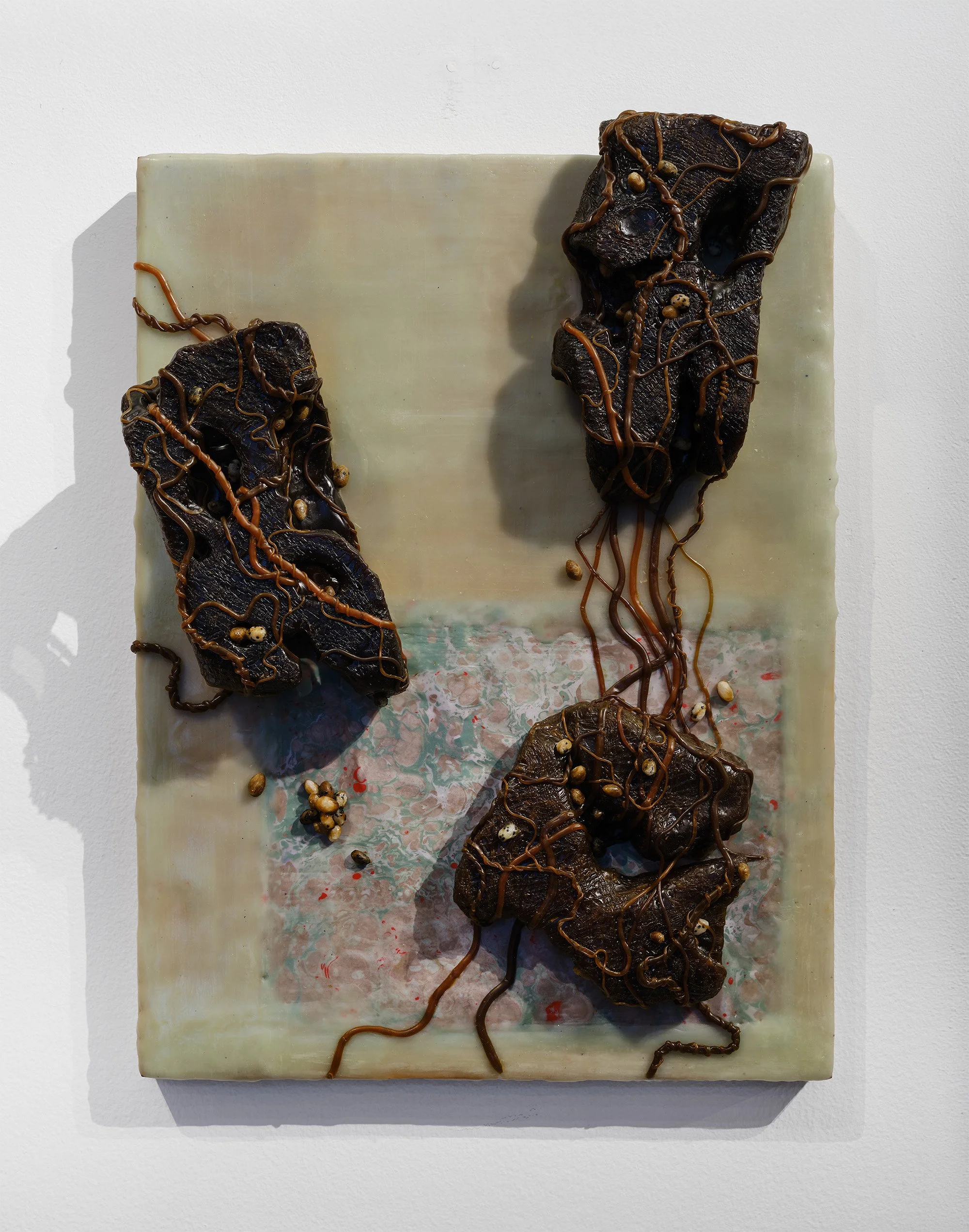 Open Weave No.5, 2025, Gauze, marbled paper, wax on wood panel, 16.5 x 12.5 x 3.5 in