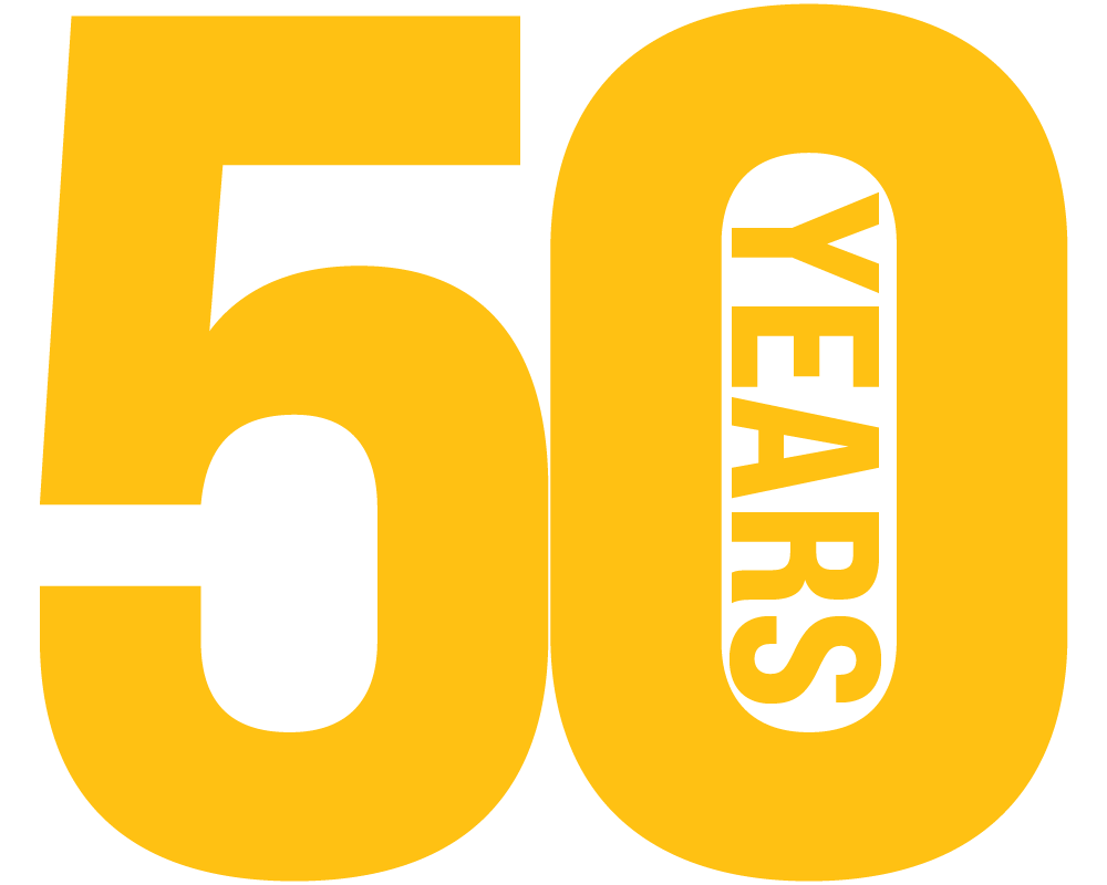 Bold yellow and black graphic celebrating 50 years with the number 50 and the word 'Years' inside the zero.