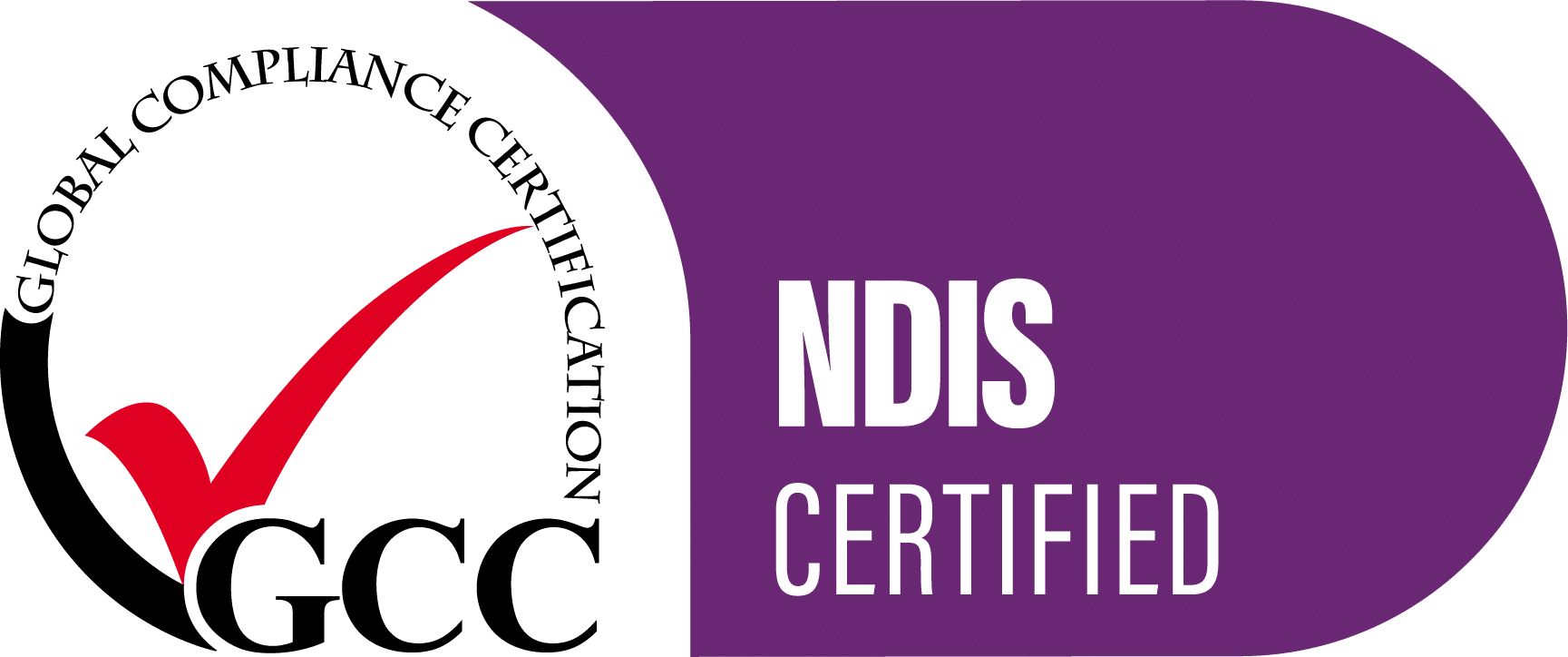 GCC certification badge with a red checkmark and the words "NDIS Certified" on a purple background.