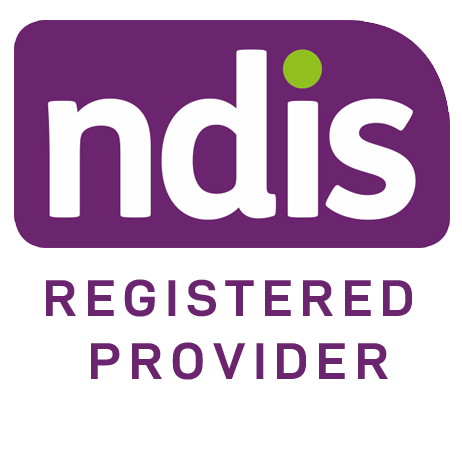 Logo of NDIS Registered Provider with purple background, white text 'ndis', green dot above 'i', and purple words 'Registered Provider' beneath.