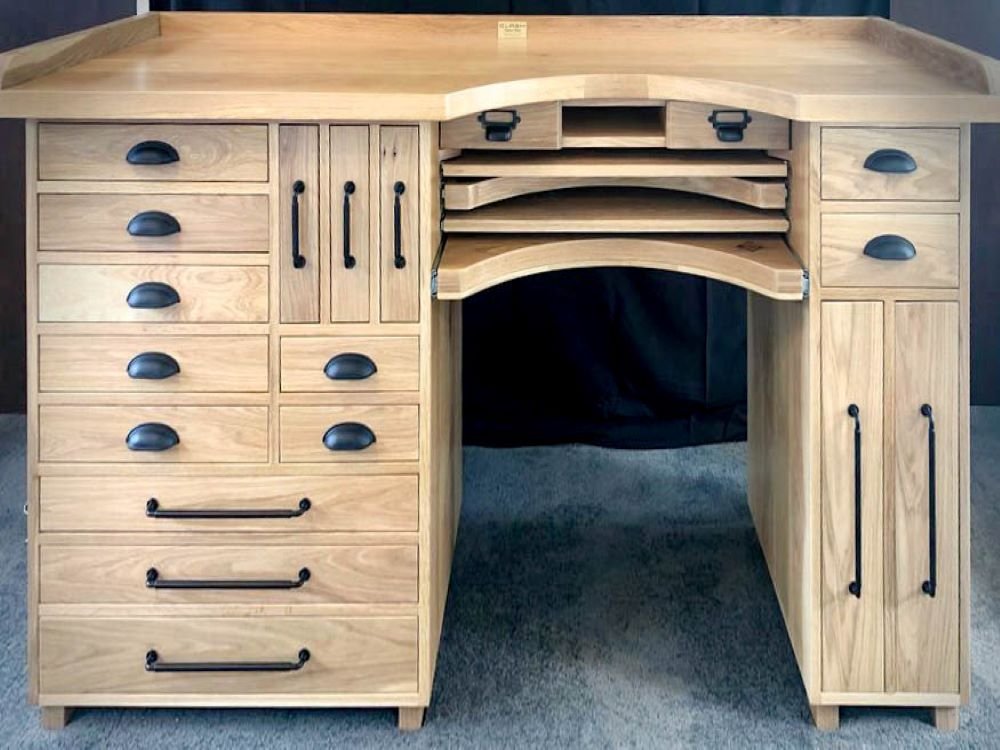 American oak jewellers desk with black handles