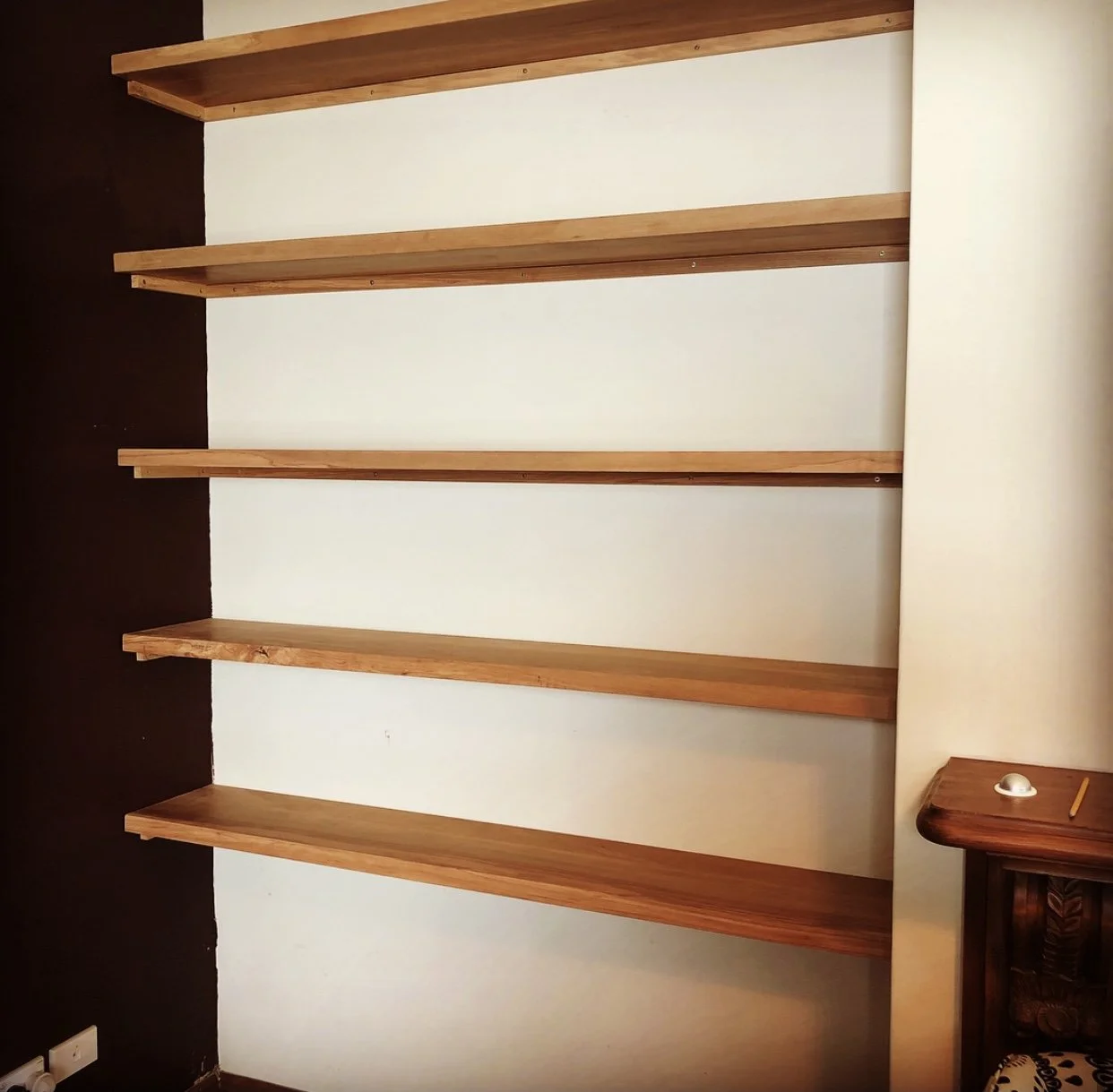 Five Rimu semi floating shelves 