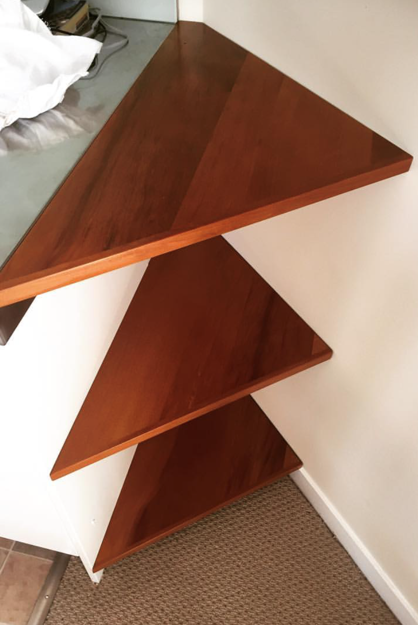 Repurposed Kauri unit made into 3 corner shelves 