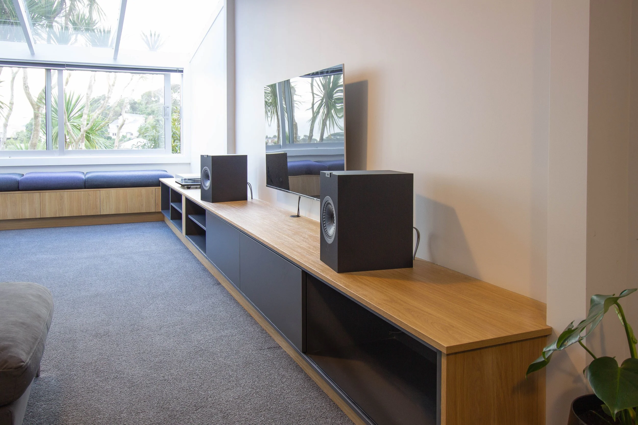 Oak wood and steel grey melteca entertainment unit  
