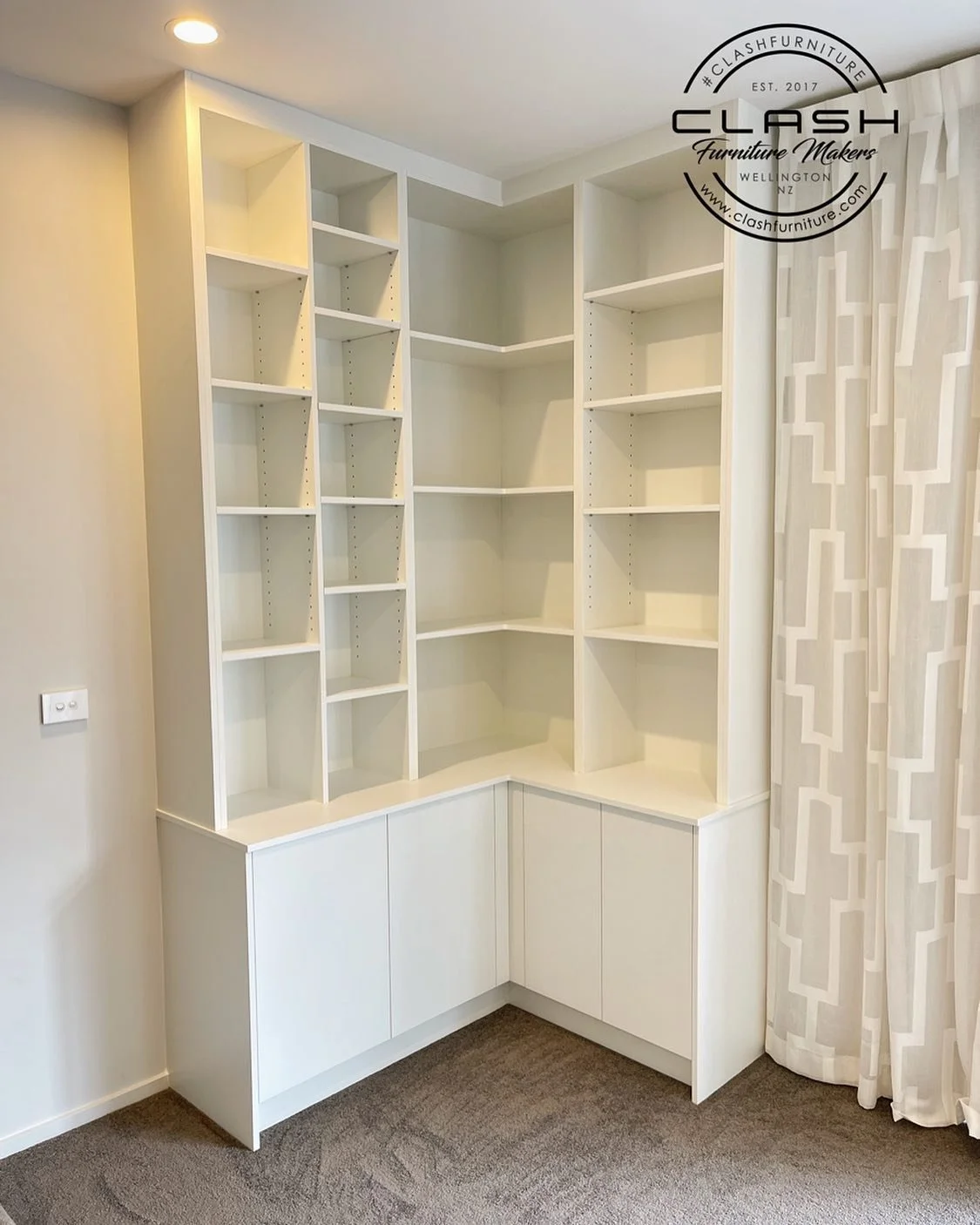 Corner Unit - Something a little different . The first corner unit I&rsquo;ve ever done and it makes use of a bit of a dead space. If you&rsquo;re in need of a custom wall unit , contact us today . #clashfurniture ⁣
.⁣
.⁣
.⁣
.⁣
.⁣
#homedecorideas #de