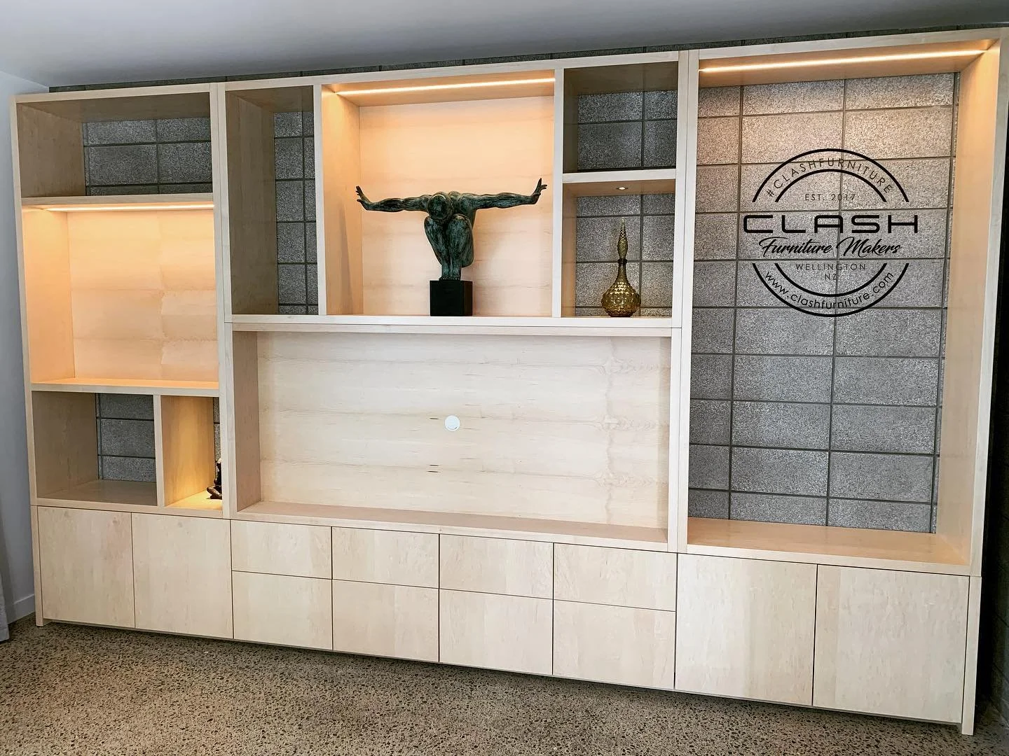 Maple Wall Unit - at over 4m wide and 2.5m tall this unit takes its place in cosy corner of this extensive new home. Designed with particular pieces in mind to act as a ever changing gallery for my clients treasures. If you are after a wall unit to h