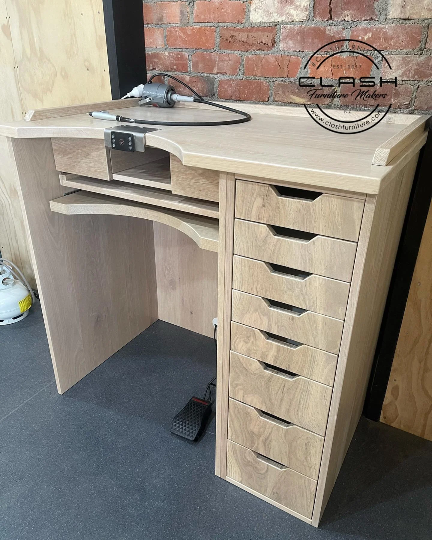 Jewelers Desk - One of the more speciality items we produce here at Clash Furniture . These custom desks are made to fit my clients needs rather than them trying to work around an off the shelf option. This one in blonded (whitewashed )solid  oak  bo