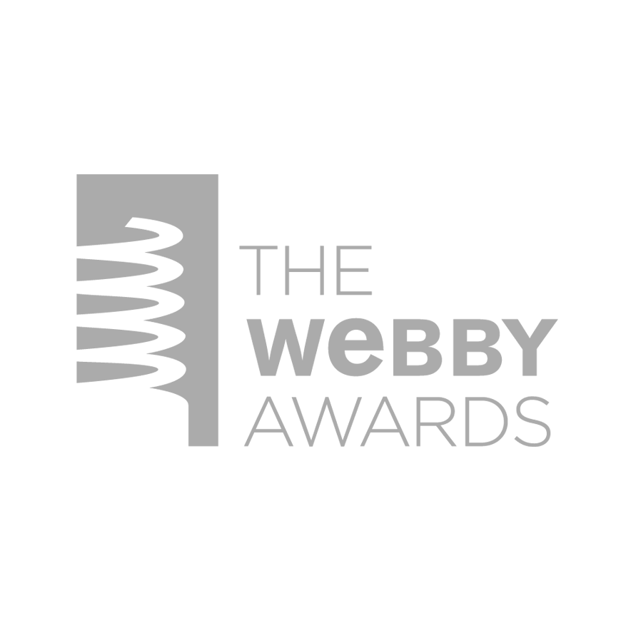 Logo for The Webby Awards featuring a stylized spider icon and text in shades of gray on a black background.