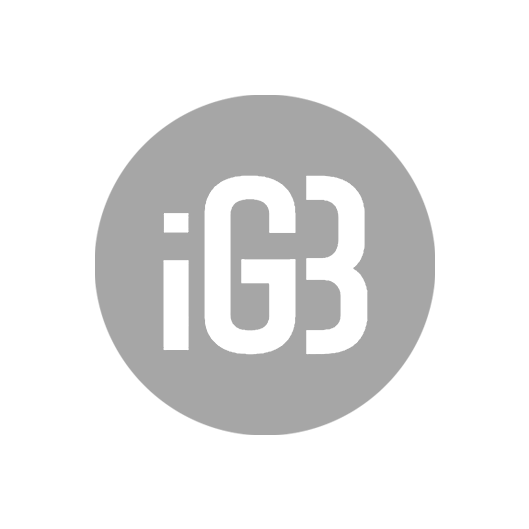A circular logo with the text iGB inside, displayed in black on a gray background.
